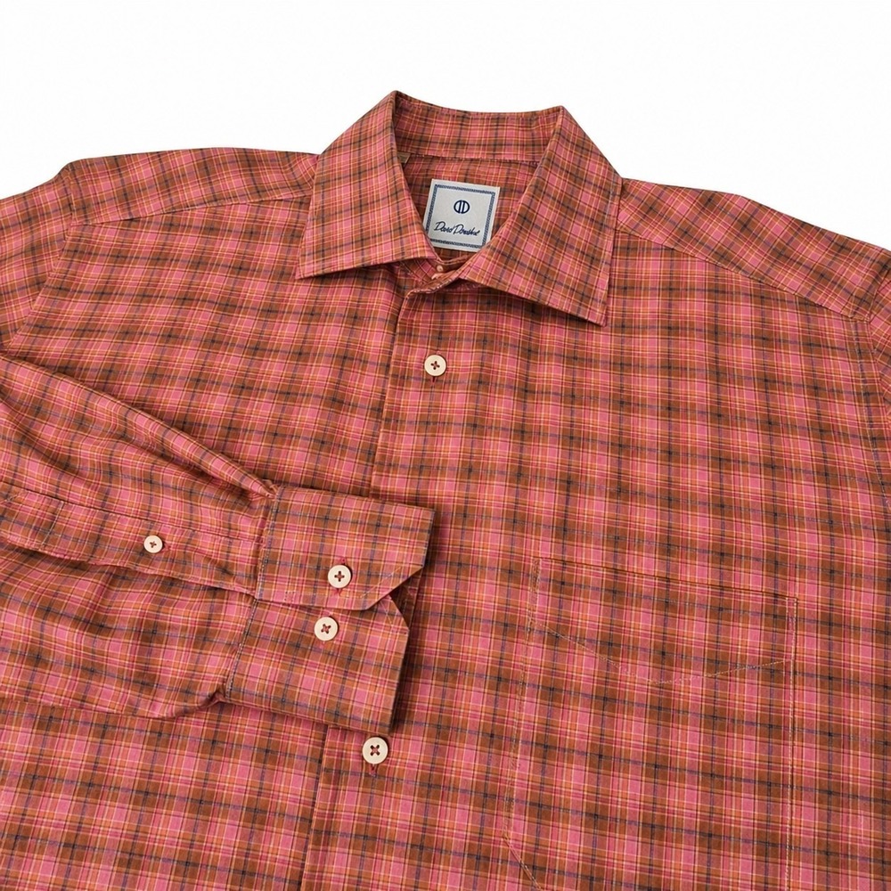 David Donahue Mens Plaid Button Shirt L Pink Brown Long Sleeve Dress Oxford